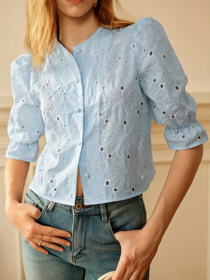 Outzidr  Blue Puff Sleeved Schiffli Top for Women | Best Price UAE